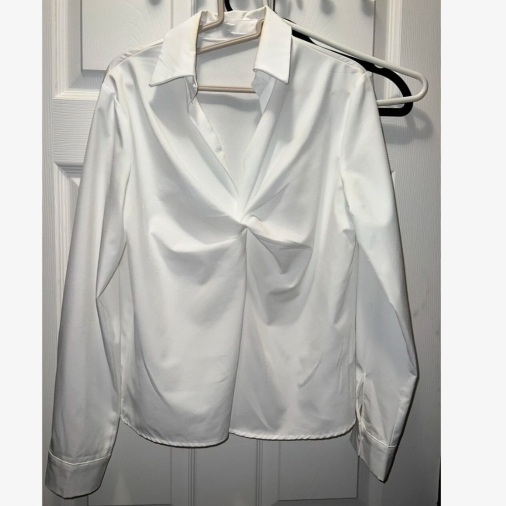Twist Front White Office Shirt Long Sleeve Collar Neckline V-Neck - Picture 9 of 10